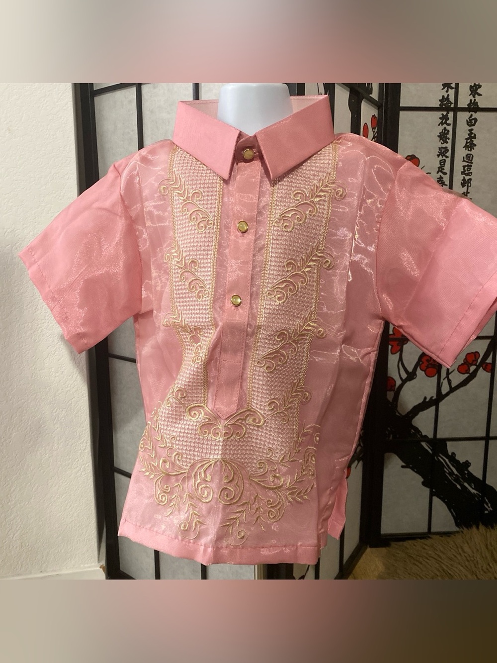 Kids Traditional Embroidered Barong Tagalog Short Sleeves Style Shirt - Pink